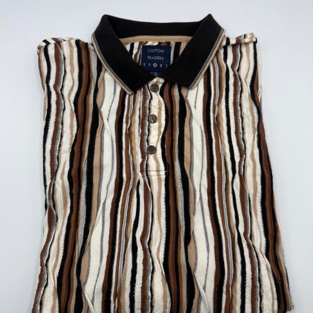 Cotton Traders Sport Polo Shirt Men XL Beige Striped 3D Knit Texture Vintage 90s